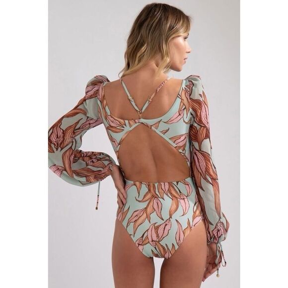 Boho Floral LongβSleeve Cutout Swimsuit Blue Pink One piece β Medium - Picture 2 of 11